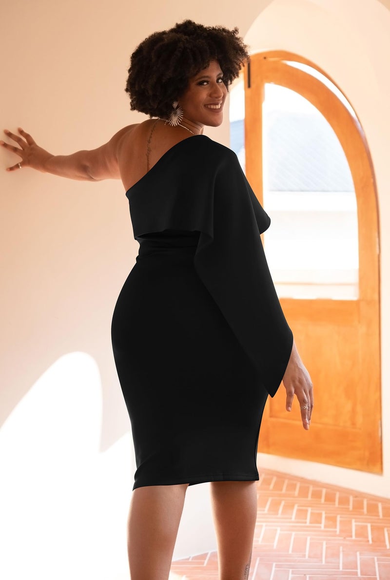 GOBLES Women's Summer Sexy One Shoulder Ruffle Bodycon Midi Cocktail Dress Black - Image 4